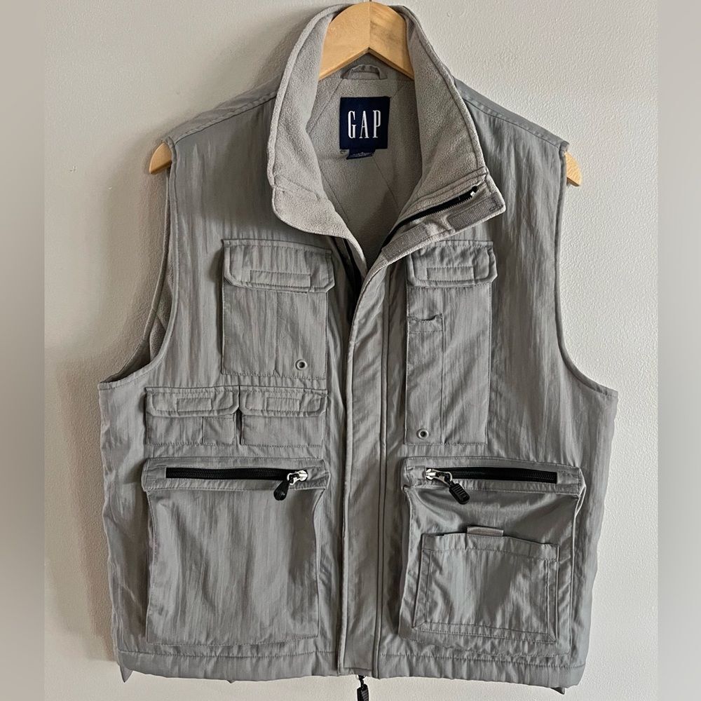 GAP Y2k Gray Utility Fishing Vest Fleece Lined Multi Pocket Zip Small